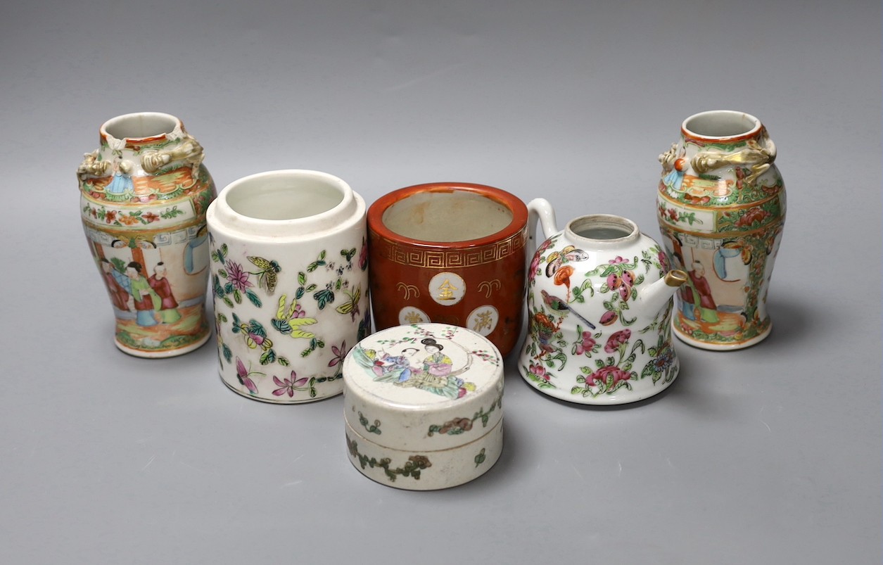A group of Chinese famille rose vases and jars, a box and cover and a teapot, 19th/20th century, Pair of vases 13 cms high.